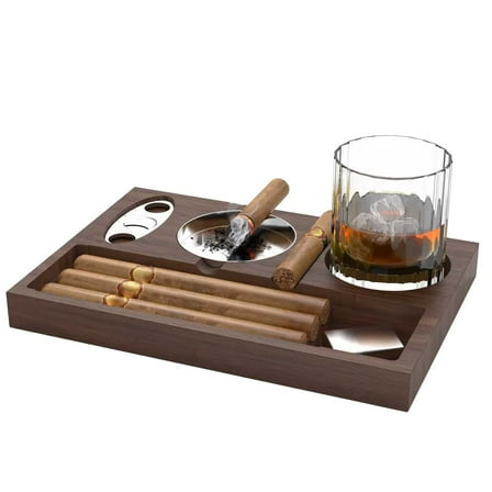 Cigar Ashtray, Wooden Ashtray, Square Ashtray 4 Slots Cigar Holder with Cigar Accessories Drawer for Indoor Outdoor Patio Home Office, Personalized Cigar Gifts for Men