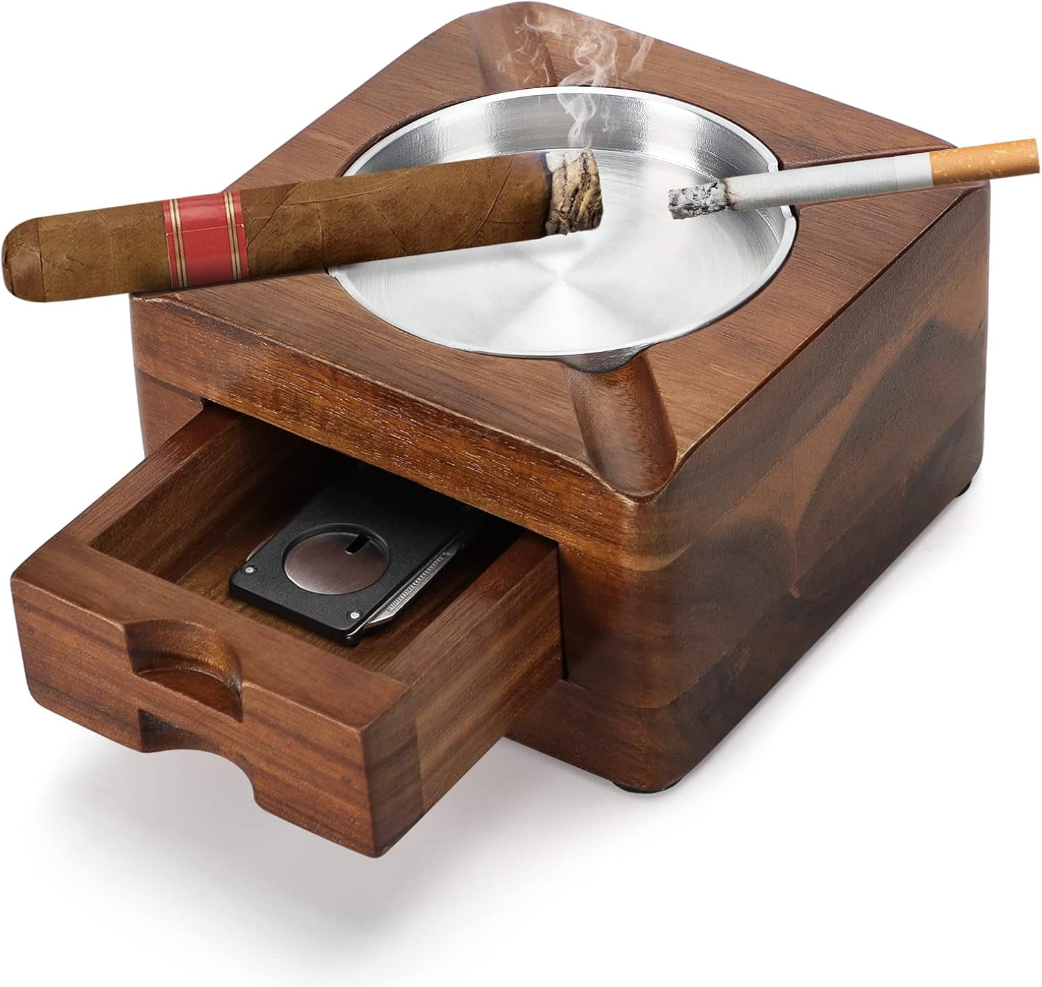 Joyoldelf Wooden Cigar Ashtray With Windproof Lid & Storage Drawer - Vintage Smoker's Gift For Men