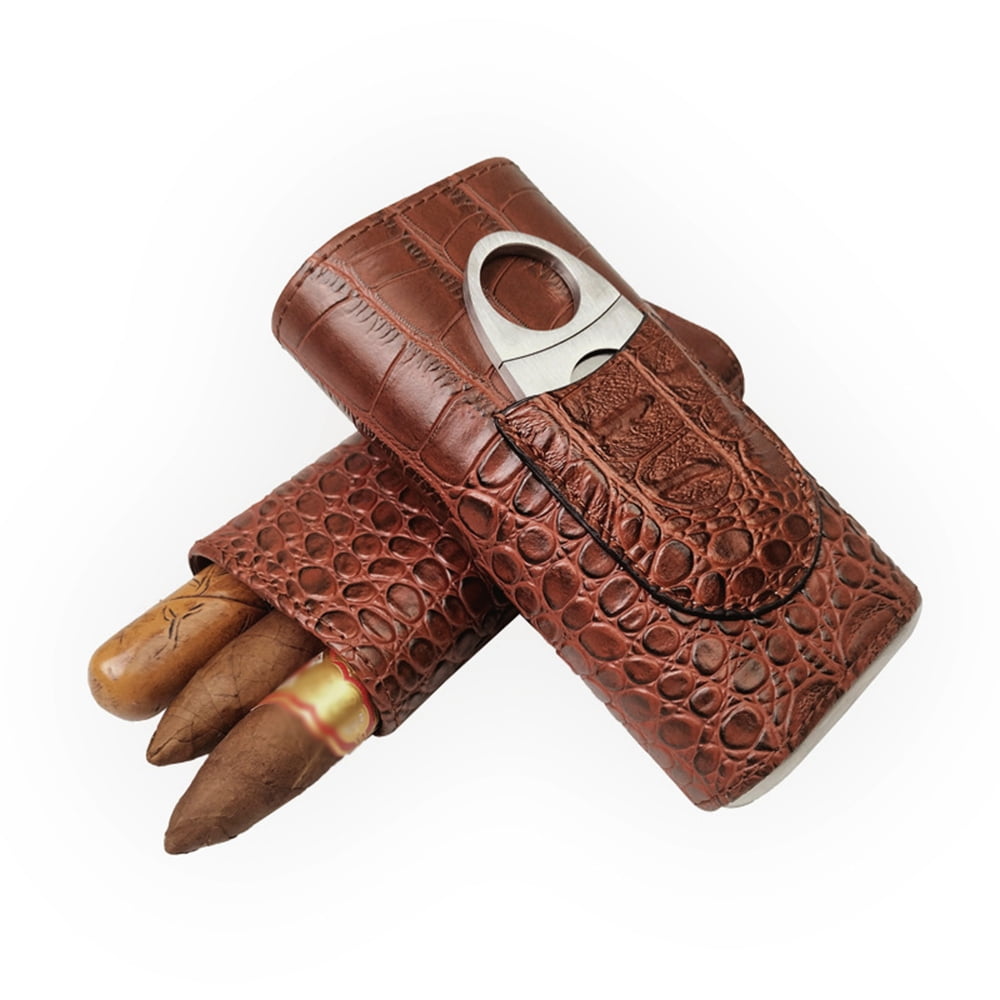 Cigar Case, 3Finger Brown Crocodile Leather Pattern Cigar Holder