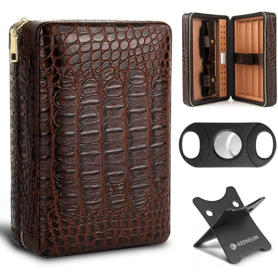 Cigar Case- 4-Finger Black Brown Crocodile Pattern PU Leather Travel Cedar Wood Cigar Humidor with humidifier,Cigar Cutter and Cigar Holder Great Gift for Men
