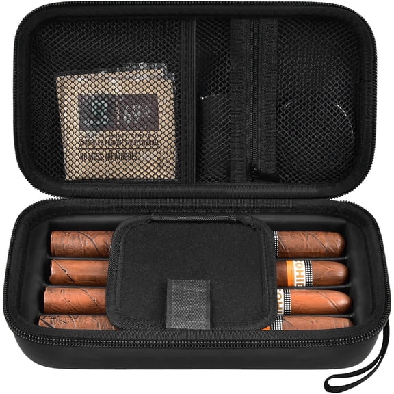 Cigar Case, 4 Finger Humidors Cigars Box with Humidifier. Cigar Travel Holder for Cigar Cutter/Lighter/Humidity Control Packs Set, Cigar Accessories Gifts for Men - Storage Case & Humidifier Only