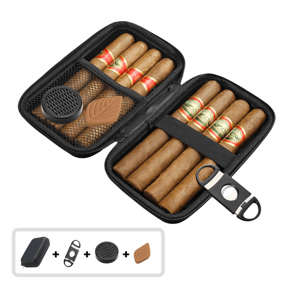 Cigar Case, Portable Cigar Travel Case, Cigar Accessories Include Stainless Steel Cigar Cutter, Humidifier & Moisturizing Tablet, Humidor Cigar Box, Cigar Gifts for Men, Black (Cigar Not Included)