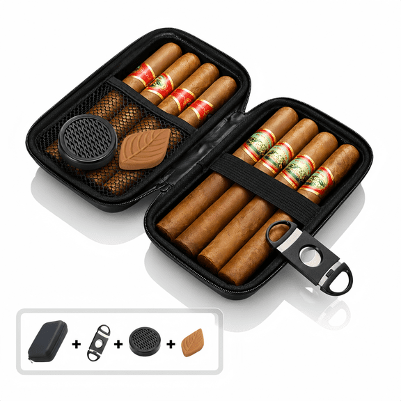 ChrumpTon Portable Cigar Travel Case with Cutter, Humidifier & Moisture Tablet  Black Cigar Storage Box, Mens Gift Accessory (Cigar Not Included)