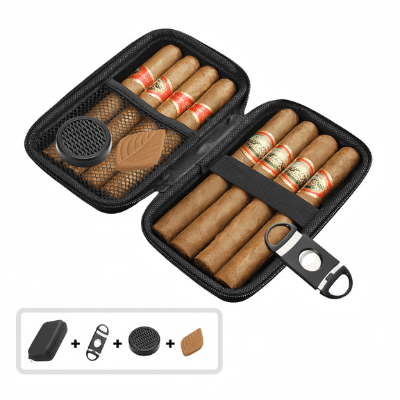 Cigar Case, Portable Cigar Travel Case, Cigar Accessories Include Stainless Steel Cigar Cutter, Humidifier & Moisturizing Tablet, Humidor Cigar Box, Cigar Gifts for Men, Black (Cigar Not Included)