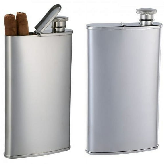 Cigar Case and Drinking Flask Combo - Stainless Steel Finish - Holds 2 Cigars and 4 oz. - Tested Leakproof