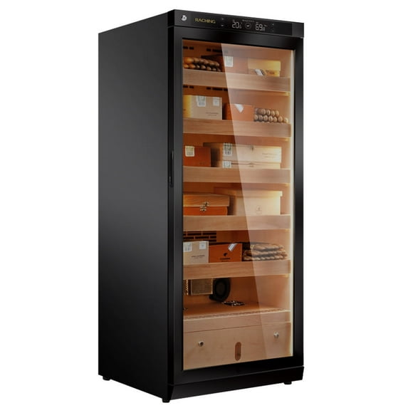 Cigar Climate Control Cabinet, Raching 230L Cigar Humidor Cabinet Wood Frame Cabinet with Constant Temperature and Humidity System, 5 Premium Canada Cedar Trays - Piano Paint Black