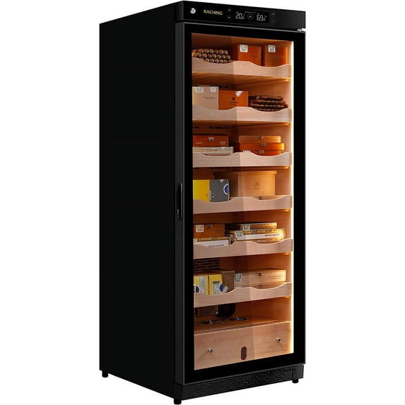 Cigar Climate Control Cabinet, Raching 330L Cigar Humidor Cabinet for Storing&Aging, Wood Frame with Constant Temperature and Humidity System, 6 Premium Canada Cedar Trays - Piano Paint Black