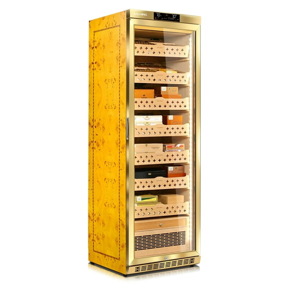 Cigar Climate Control Cabinet, Raching MON3800 Cigar Humidor Cabinet with Ammonia Removal, 370L Wood Frame Cabinet for Cigar Storing&Aging - Gold