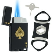 Cigar Cutter and Lighter Set, Adjustable Double Jet Flame Butane Torch Lighter with Keyhole, Refillable Windproof Gas Lighter with Protect Cover. BlackSold without Gas