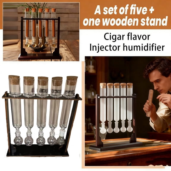 Cigar Flavor Injector Humidifier, 2026 New Cigar Infuser Glass Tube Kit Humidor, Handmade DIY Aromatherapy Wooden Base Display with Hygrometer & Airtight Caps for Men & Cigar Enthusiasts(5-tube)