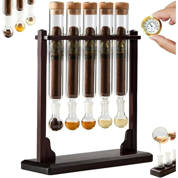 Cigar Flavor Injector Humidifier Kit, Handmade DIY Cigar Infuser Glass Tube Set with Wooden Base, Hygrometer & Airtight Caps, Whiskey Rum Aromatherapy Infusion Display for Cigar Lovers