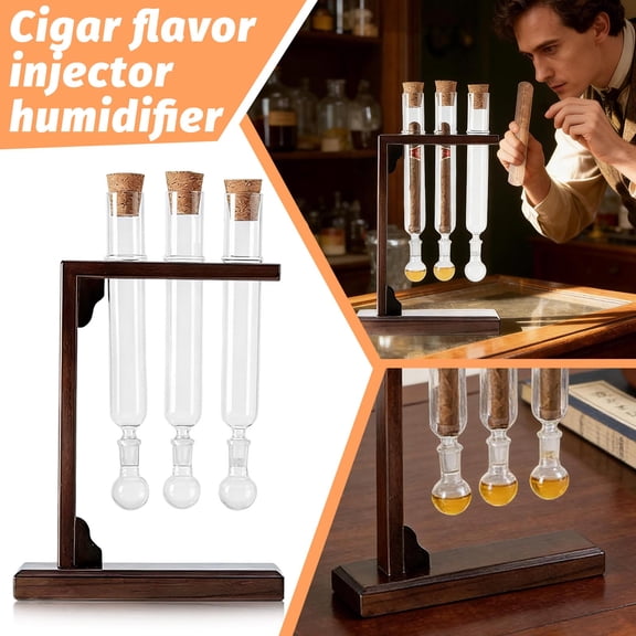 Cigar Flavor Injector Humidifier, Multiple Cigar Infuser Glass Tube Kit with Wooden Stand with Hygrometer & Airtight Caps, for Men Cigar Lovers and Enthusiasts