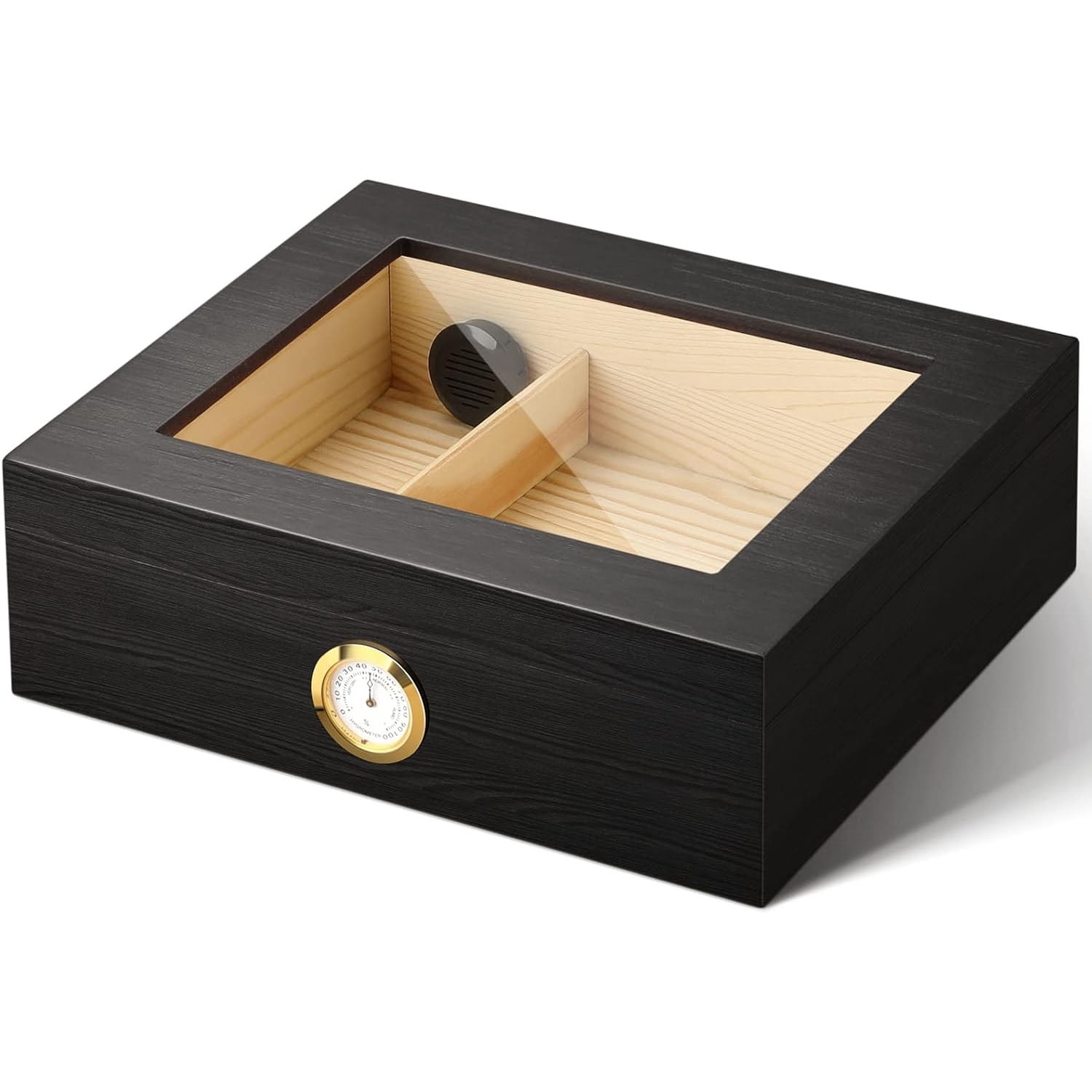Cigar Humidor for 20-30 Cigars, Desktop Cedar Wood Storage Case Holds 20-30 Cigars with Hygrometer & Humidifier, Glass Top Cigar Box Retro Appearance Gift for Men (Black)