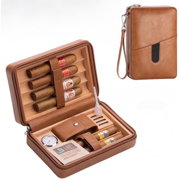 Cigar Humidor Box, Cedar Wood Lined Leather Case Build in Hygrometer and Humidifier, Travel humidor kit, Accessories Set for Man.