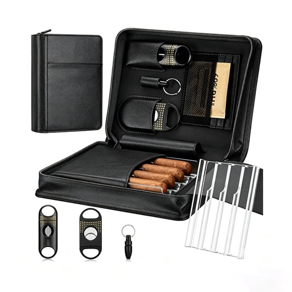 Cigar Humidor Box, Portable Leather Cigar Case with Cigar V-Cutter, Straight Guillotine Cutter, Cigar Punch, Cigar Humidor Pouch, Travel Humidor, Cigar Accessory Gift Set, Black Leather Cigar Case