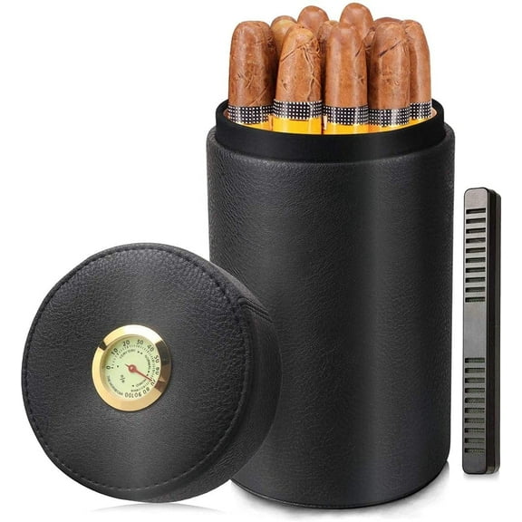 Cigar Humidor Case/Jar,Leather Cedar Wood Cigar Canister Portable for 12-16 Cigars (Black)