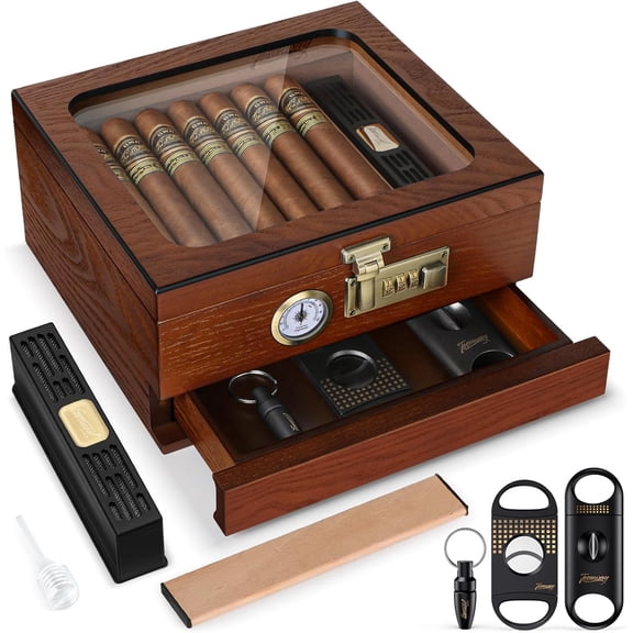 Cigar Humidor, Cedar Wood Humidor Box, Glass Top Desktop with Front Hygrometer, Humidifier, Divider, Accessories Drawer and Combination Lock, Gifts for Men (Brown)