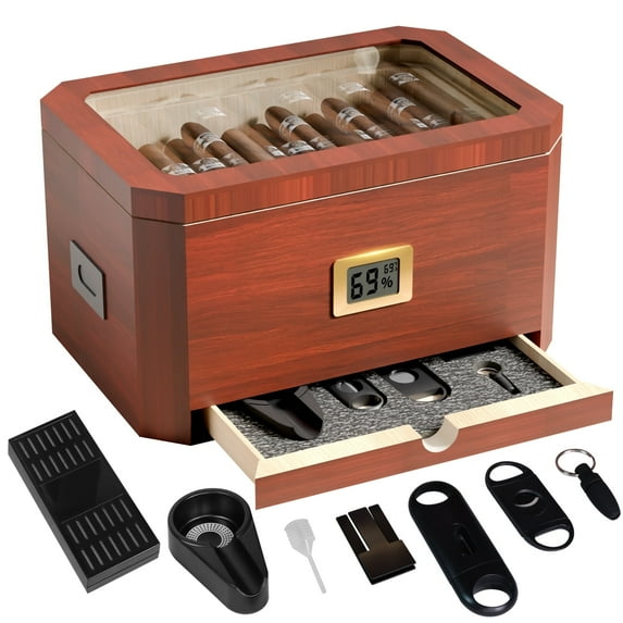 Cigar Humidor, Cedar Wood Humidor Cigar Box, Glass Top Desktop Humidor with Front Hygrometer and Cigar Accessories, up to 80 Cigars with Cedar Wood Tray, Cigar Gifts for Men