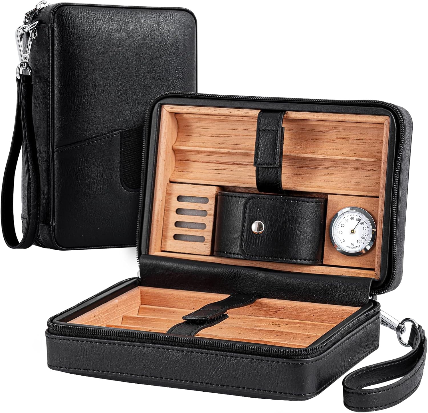 Cigar Humidor Cedar Wood Lined Leather Cigar Case Capacity 6 pcs Built in Hygrometer & Humidifier, Cigar Holder Portable Travel Cigar Humidor Kit(Black)