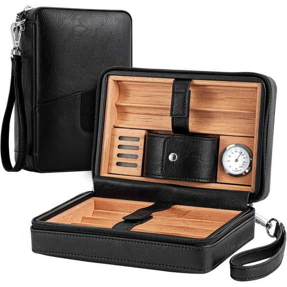 Cigar Humidor Cedar Wood Lined Leather Cigar Case Capacity 6 pcs Built in Hygrometer & Humidifier, Cigar Holder Portable Travel Cigar Humidor Kit(Black)