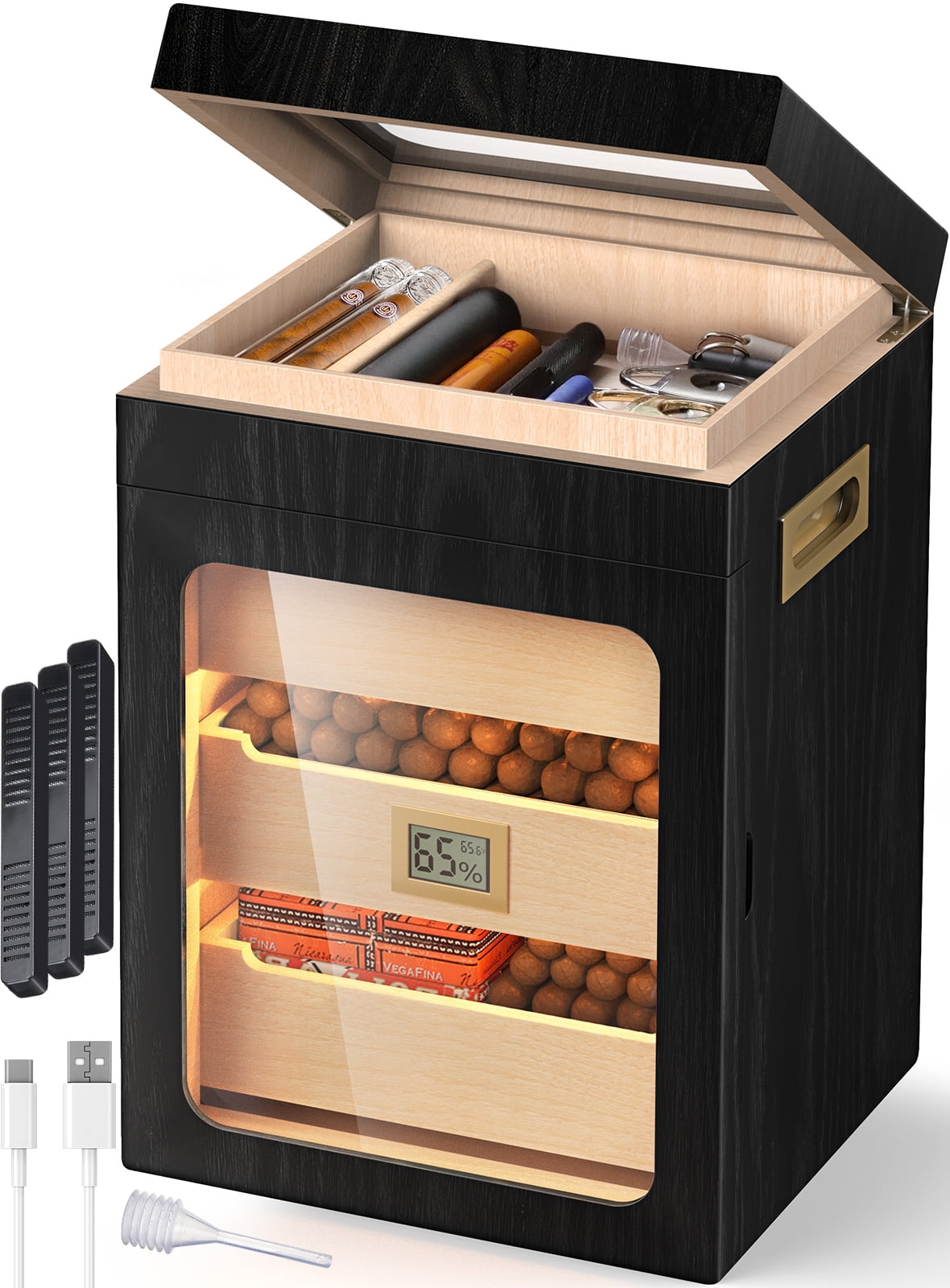 NEEDONE Cigar Humidor, Glass Top Drawer & LED Lighting,3 Humidifiers,Cedar Wood Shelves,Desktop Humidor Box Case Cabinet can Hold 150 Cigars,Gift for Men