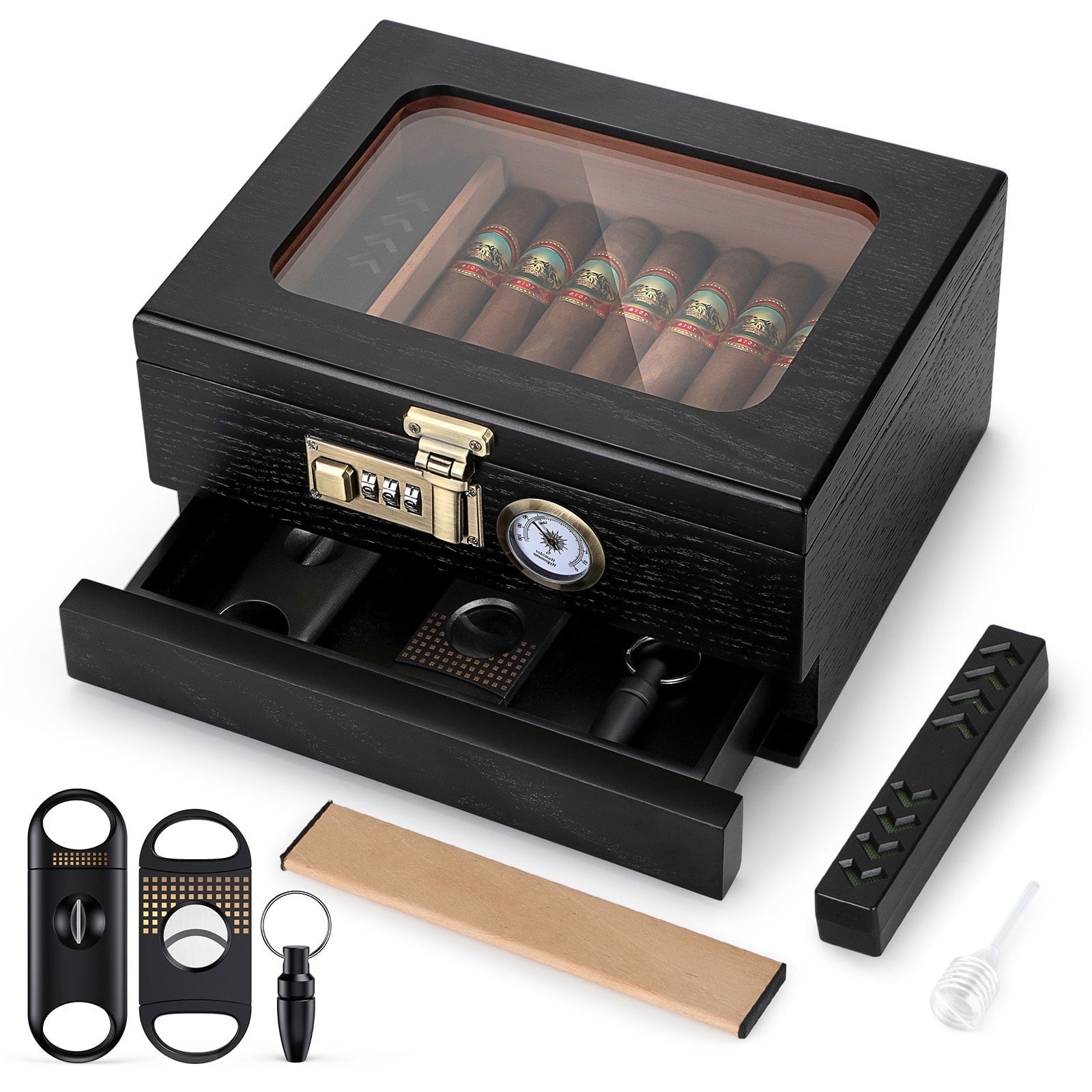 Cigar Humidor Glass Top Desktop Humidor Cedar Wood Humidor Cigar Box with Front Hygrometer, Humidifier, Divider, Accessories Drawer and Combination Lock Gifts for Men Husband Cigar Lover(Black)