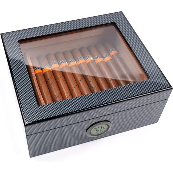 Cigar Humidor, Jasfuren Glass Top Cedar Cigar Box with Front Digital Hygrometer, Humidifier Gel & Divider, Desktop Humidor Case Hold 25-50 Cigars