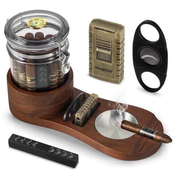 Solid Wood Cigar Ashtray Set Acrylic Cigar Jar Kit with Cigar Lighter, Cigar Cutter, Humidifier and Dropper, Cigar Accessories Gift for Men, Holds About 18 Cigars