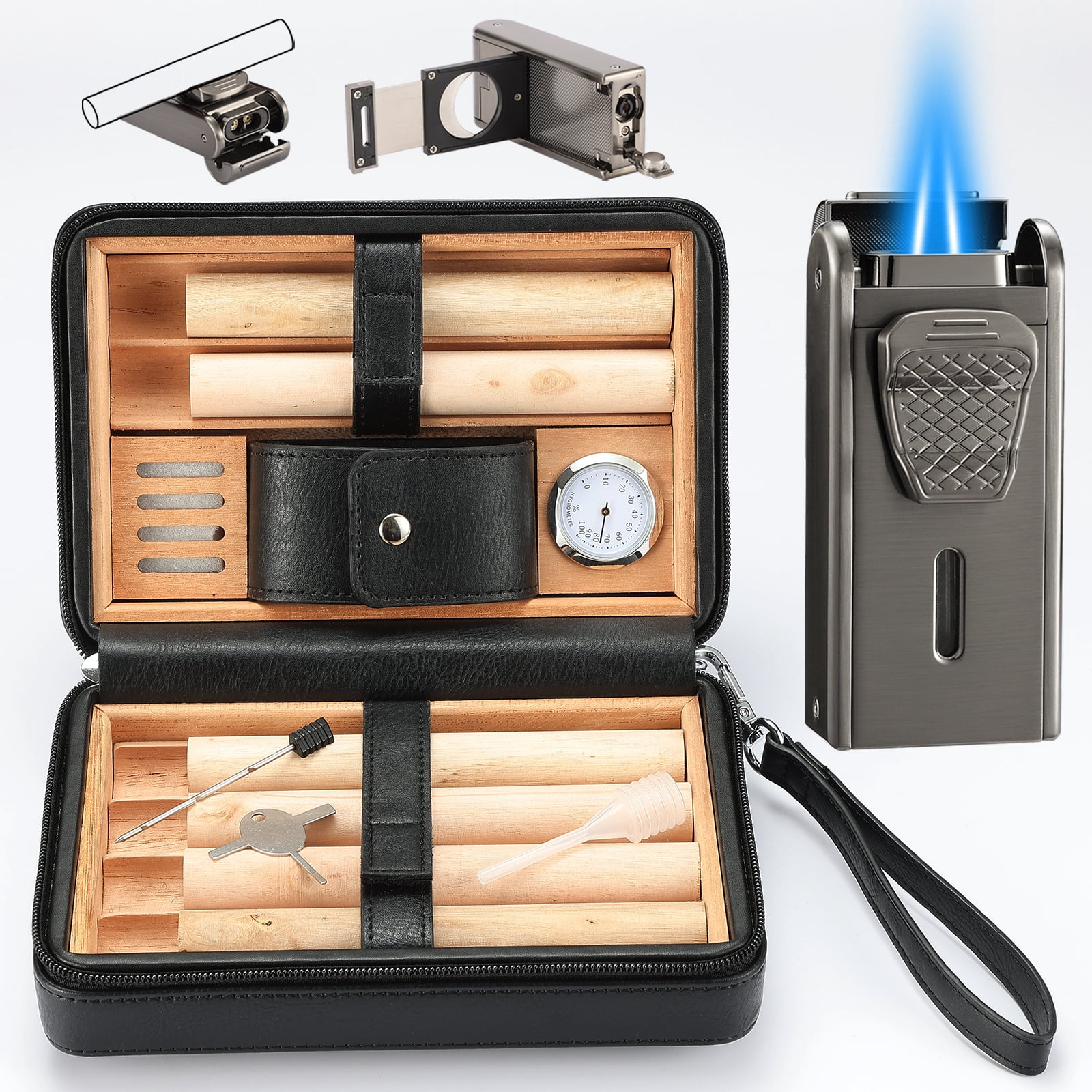 Portable Leather Cedar Wood Cigar Case with Double Jet Flame Lighter