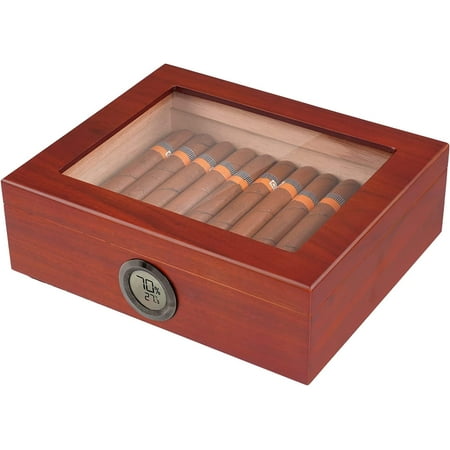 Cigar Humidors Box, Jansfuren Spanish Cedar Handmade Cigar Box, Glass Top humidor, Digital Hygrometer Front Humidifier, Hold 15-40 Cigars