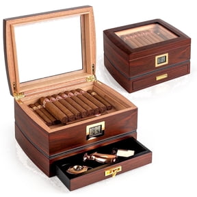 Marvero Handmade Cigar Humidor Box, 75 Count, Glass Top Window, Spanish Cedar Interior Box, Digital Hygrometer, Gold Hardware, Travel cigar humidors