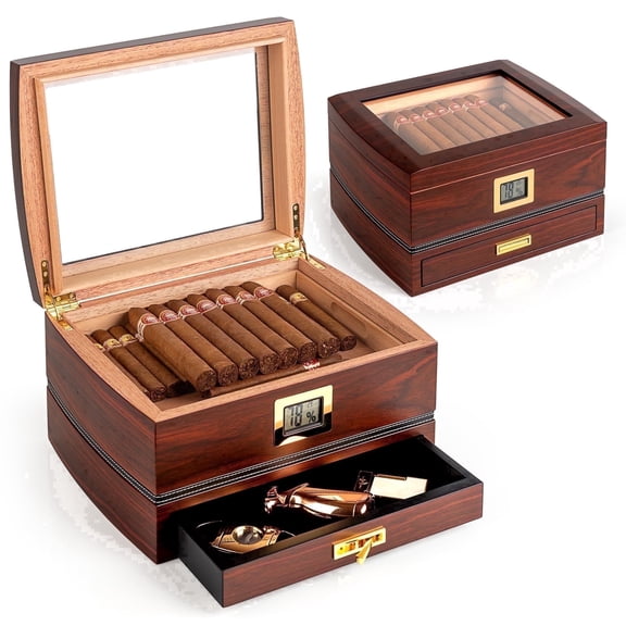 Marvero Cigar Humidor Box, 75 Count, Glass Top Window, Spanish Cedar Interior Box, Digital Hygrometer, Gold Hardware, Travel cigar humidors