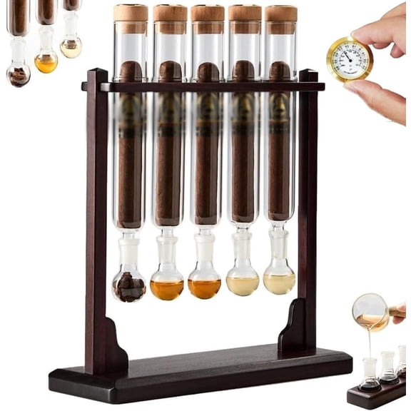 Cigar Injector Humidifier, Handmade DIY Aromatherapy Wooden Base Display with Hygrometer & Airtight Caps, Cigar Infuser Glass Tube Kit for Men Cigar Lovers and Enthusiasts