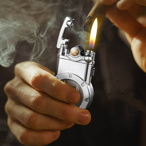 Cigar Lighter, Lighters Kerosene Antique Pocket Lighter Soft Flame Transparent Fuel Tank Rocker Arm Lighter for Collection-Decorative-Gift-Present