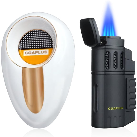 Cigar Lighter Set 4 Torch Jet Flame with Punch & Ashtrays for Outdoors Windproof Butane Fuel Lighter Refillable