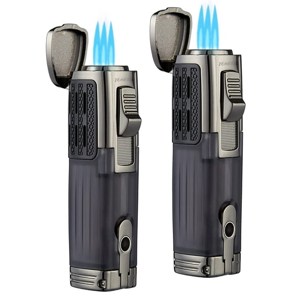 Cigar Lighter Triple Jet Flame Torch Lighter Refillable Butane Lighter with Cigar Punch, 2 Pack, Charcoal