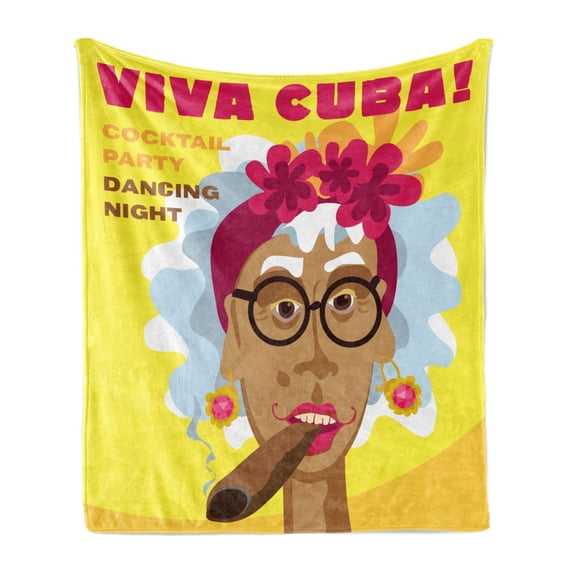 Cigar Soft Flannel Fleece Throw Blanket, Cuban Woman Caricature with Floral Headdress and Earrings Viva Cuba Slogan Cartoon, Cozy Plush for Indoor and Outdoor Use, 50" x 60", Multicolor, by Ambesonne