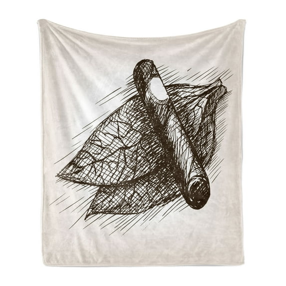 Cigar Soft Flannel Fleece Throw Blanket, Tobacco Leaves and Cigar Sketch Art Illustration in Engraving Style, Cozy Plush for Indoor and Outdoor Use, 60" x 80", Dark Brown and Eggshell, by Ambesonne