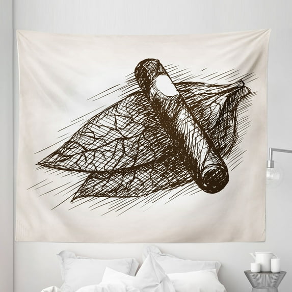 Cigar Tapestry, Tobacco Leaves and Cigar Sketch Art Illustration in Engraving Style, Fabric Wall Hanging Decor for Bedroom Living Room Dorm, 5 Sizes, Dark Brown and Eggshell, by Ambesonne