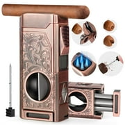 Cigar Torch Lighter, 4 Jet Flame Cigar Lighter with Cigar Cutter V Cut Cigar Accessories Cigar Holder Cigar Punch Cigar Draw Enhancer, Windproof Lighter Gifts for MenButane Not Included