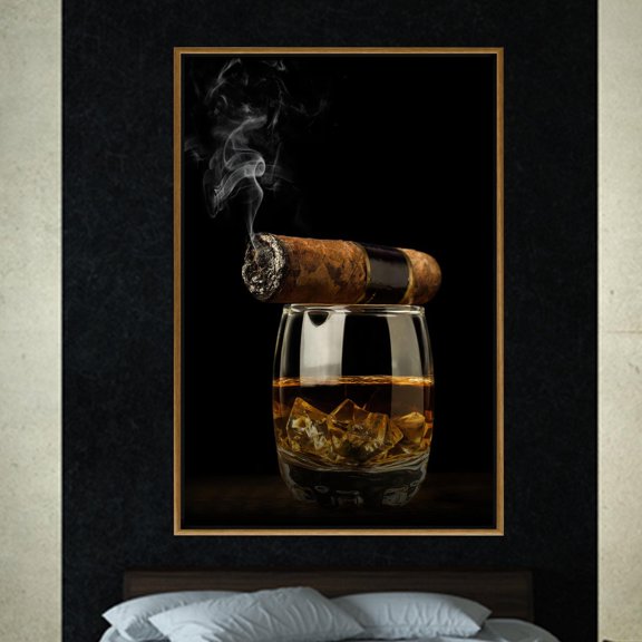 Cigar and Whiskey Glass Art, Luxurious Bar for Lounge, Office, or Man Cave, Dark Background Still Life Photography Wall Art Poster , Poster Print Only