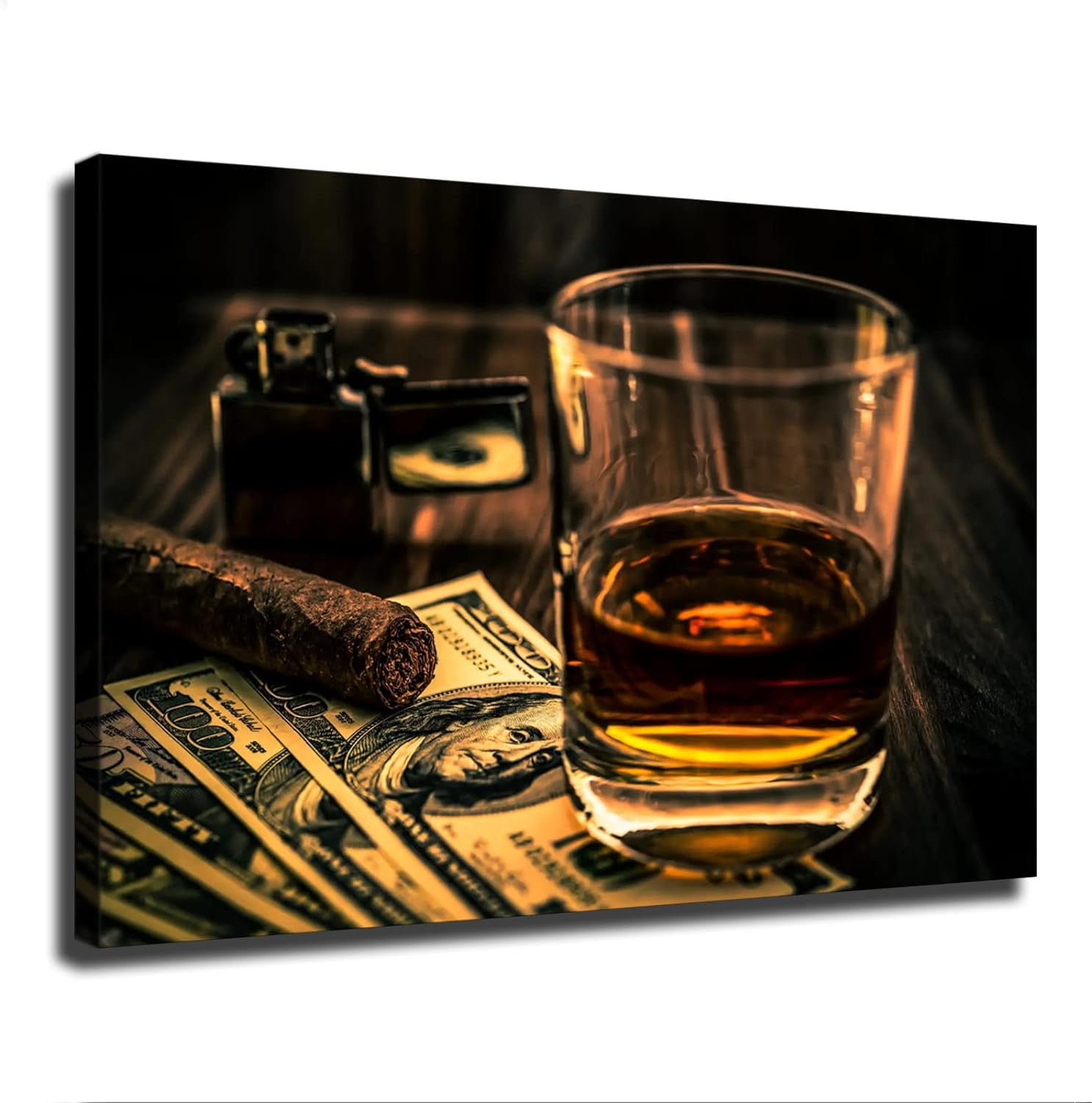 Modern Cigar and Whiskey Canvas Wall Art with Pine Frame
