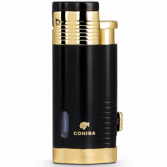 Cigar lighter fashionable windproof straight-through metal titanium alloy small spray inflatable lighter gift box,SKU00022-黑金色