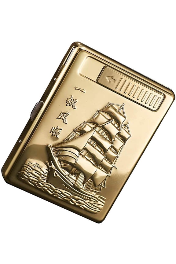 Cigarette Case Lighter, Metal Full Pack 20 Regular Cigarettes Box Holder USB Rechargeable Cigar Lighter Flameless Windproof with USB Cable Best for Birthday Gifts (Boat)