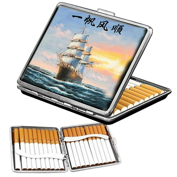 Cigarette Case , Spring Switch 20 Capacity Cigarette Holder storage for Men Women, Metal & Leather Box