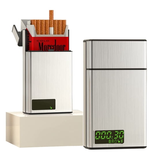 Cigarette Case with a Time Lock - Timed Lock Box Cigarette Dispenser with LCD Display for 84mm/3.3in King Size (Short) - Portable Quit Smoking Aid (Silver) - Magnetic Buckle Design