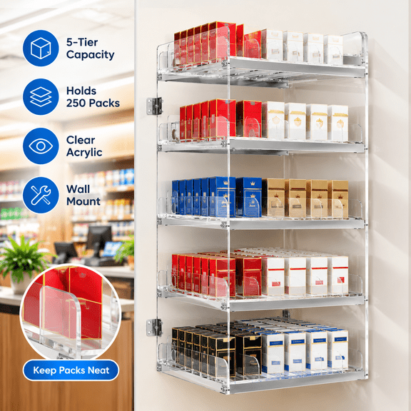 Cigarette Display Holder 5-Tier 250 Packs Clear Acrylic Wall Mount for Convenience Store
