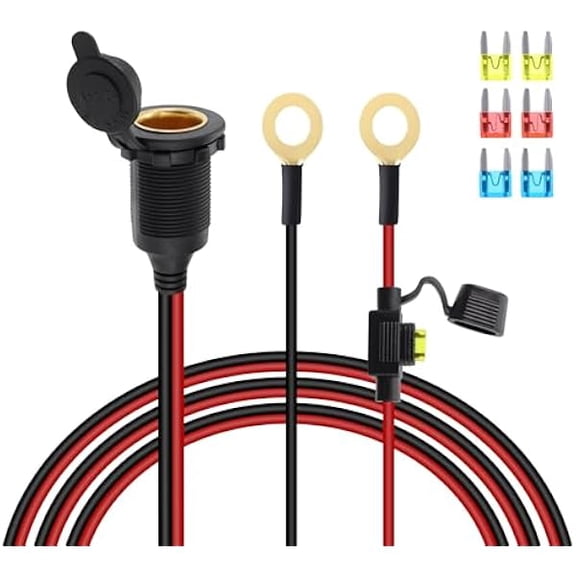 Cigarette Lighter Adapter to O Ring Terminal Harness,12V-24V 8mm Eyelet Terminal to Female Cigarette Lighter Socket Extension Cable with 20a Fuse for Car Inverter Air Pump and DIY (2M)