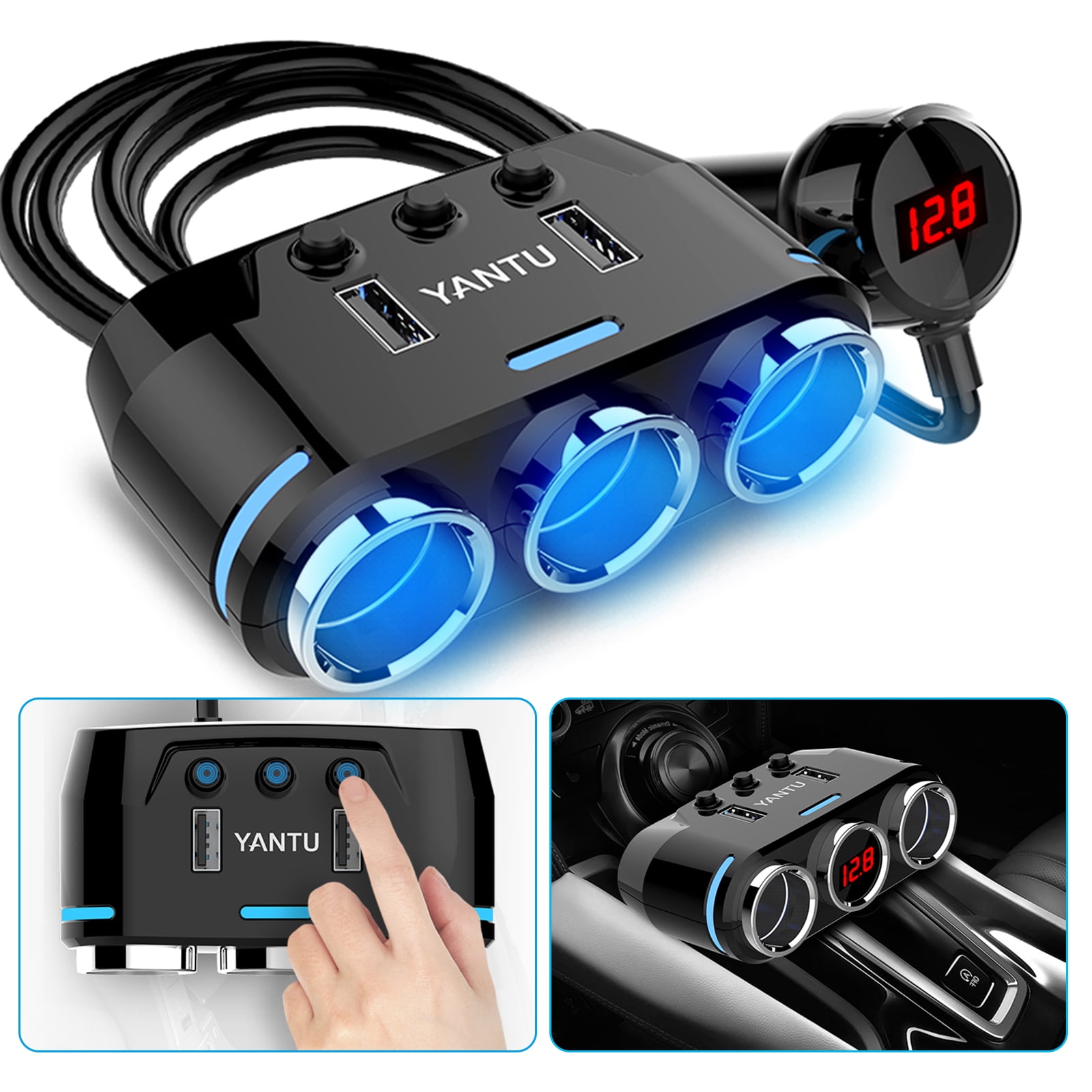 Cigarette Lighter Adapter, TSV QC 3.0 Cigarette Lighter Splitter, 3 Socket  Car Cigarette Lighter USB Charger 100W 12V/24V 3.1A for Dashcam Phone, Car  Splitter Adapter with Switches, Voltage Readout 