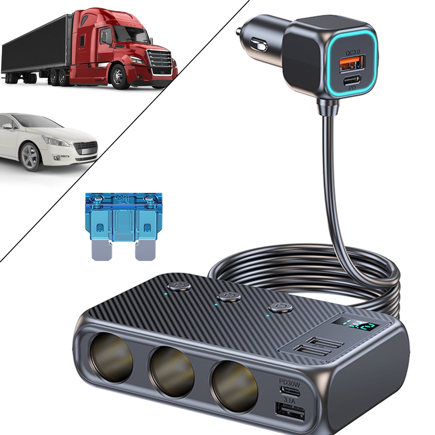 2 in 1 cigarette lighter adapter Cigarette Lighter Adapter with 2.3FT Cable, 9 in 1 Car Charger Adapter with  Independent Switches & LED Voltage Display for All car Devices